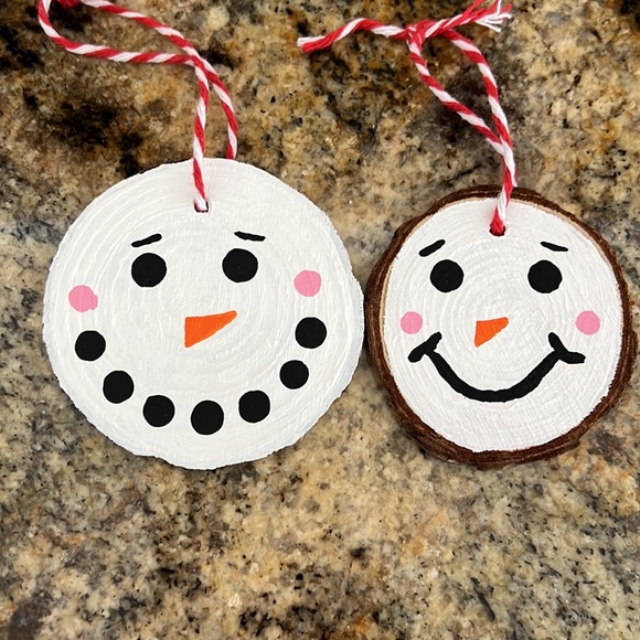 Handmade Snowman Painted Wooden Ornament Duo, Christmas Gift Decor Red White - Picture 2 of 7
